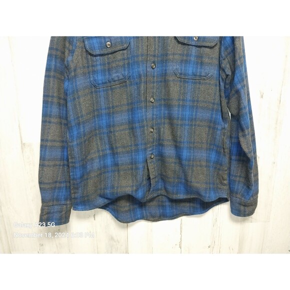 Orvis Mens Medium Heavy Flannel Shirt Jacket Blue & Gray Plaid Lumberjack - Picture 2 of 7